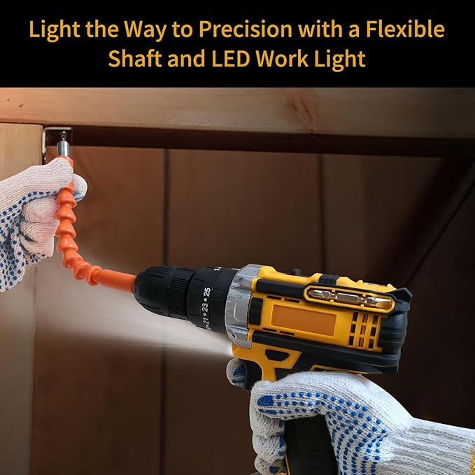 مثقاب لاسلكي مع عمود مرن برتقالي ومصباح LED للعمل في الأماكن الضيقة